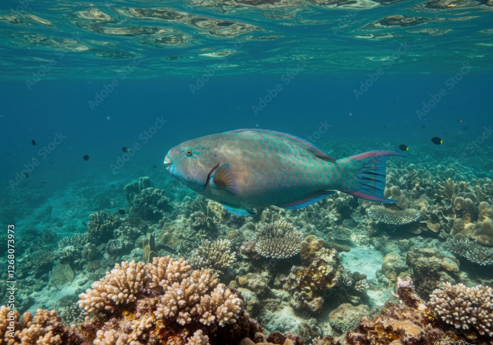 Fototapeta premium Colorful Parrotfish Gliding Through a Vibrant Coral Reef