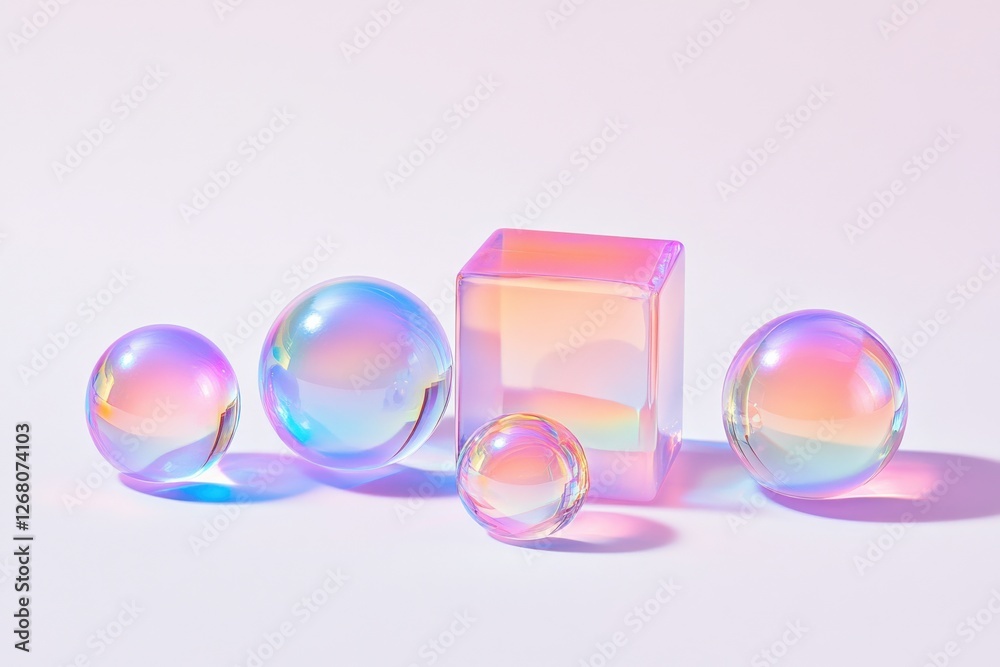iridescent spheres and cube on white background iridescent spheres and cube on white background