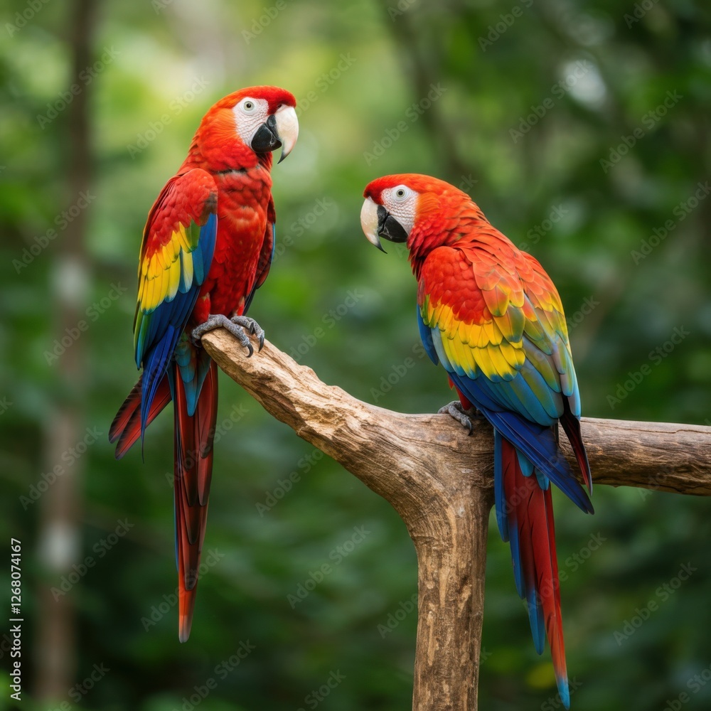 Fototapeta premium Colorful Macaws Perched in a Lush Tropical Rainforest