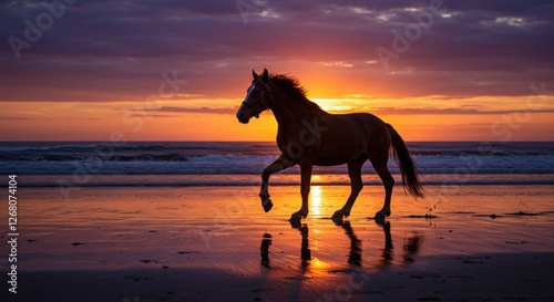 Horse running on the beach at sunset