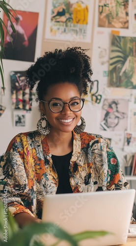 Photo of a happy black woman wearing glasses sitting at her desk working on a laptop, surrounded by colorful papers and artwork in an office filled with plants. She is smiling at the camera with a cur