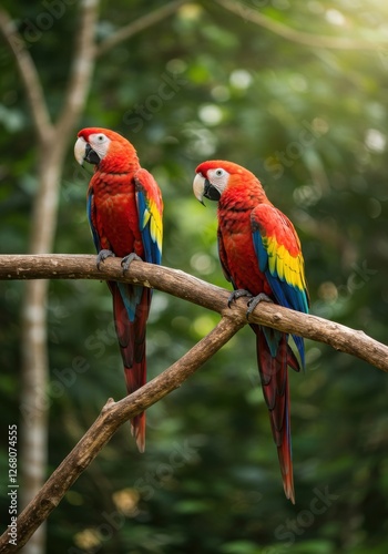 Colorful Macaws Perched in a Lush Tropical Rainforest