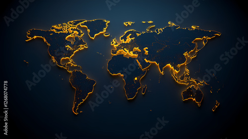 Fototapeta Naklejka Na Ścianę i Meble -  Glowing World Map: A vibrant, gold-hued world map with continents outlined in a captivating glow against a dark blue background.