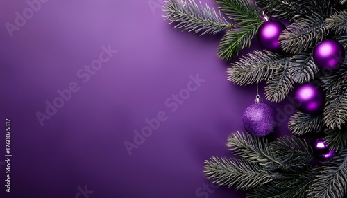 holiday background with pine twigs and purple christmas