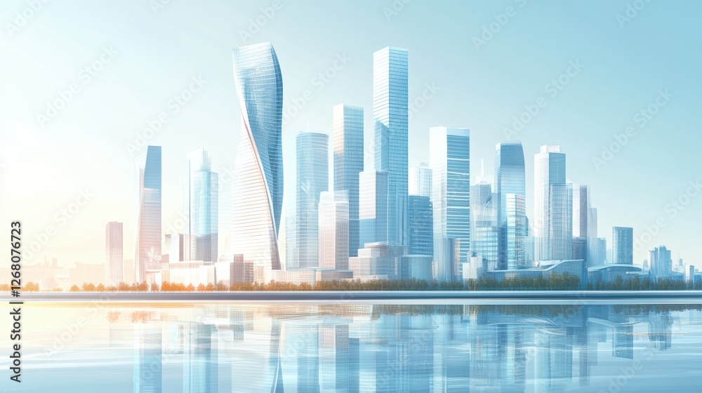 Futuristic City Skyline With Reflective Water Under Clear Blue Sky In Daylight Timeframe. Urban Futuristic City Skyline With Reflective Water Under Clear Blue Sky In Daylight Timeframe. Urban