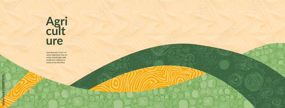 Rural farm with field of wheat barley rice maize and rye a top view vector illustration. Organic texture of crops. Abstract farmland design, village backdrop, summer yield of cereal grain, malt, paddy