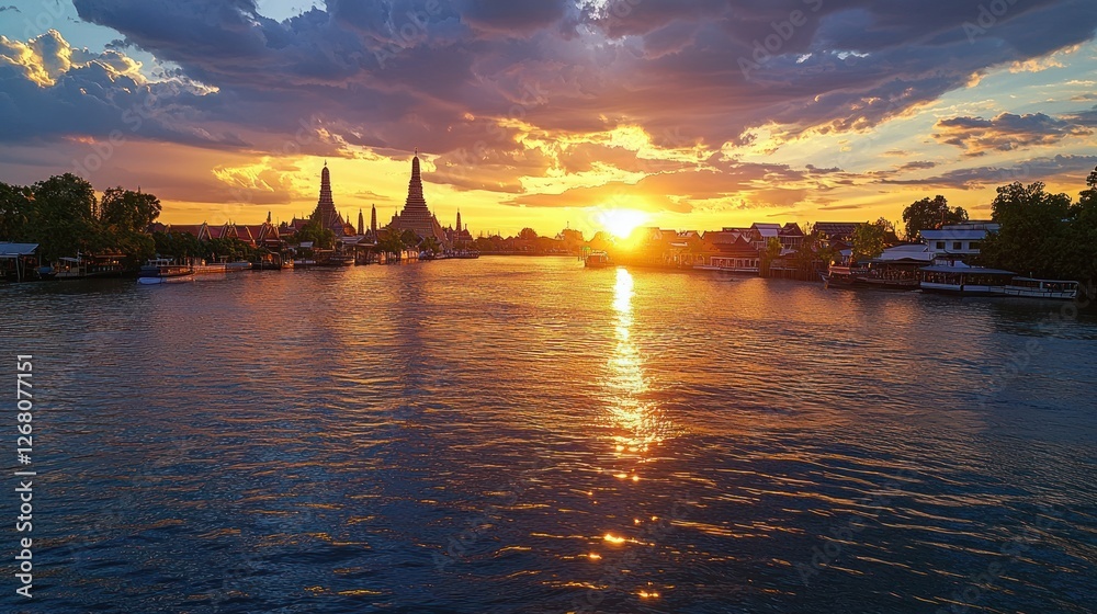 Naklejka premium Golden Sunset Over Wat Arun River Temple Scene