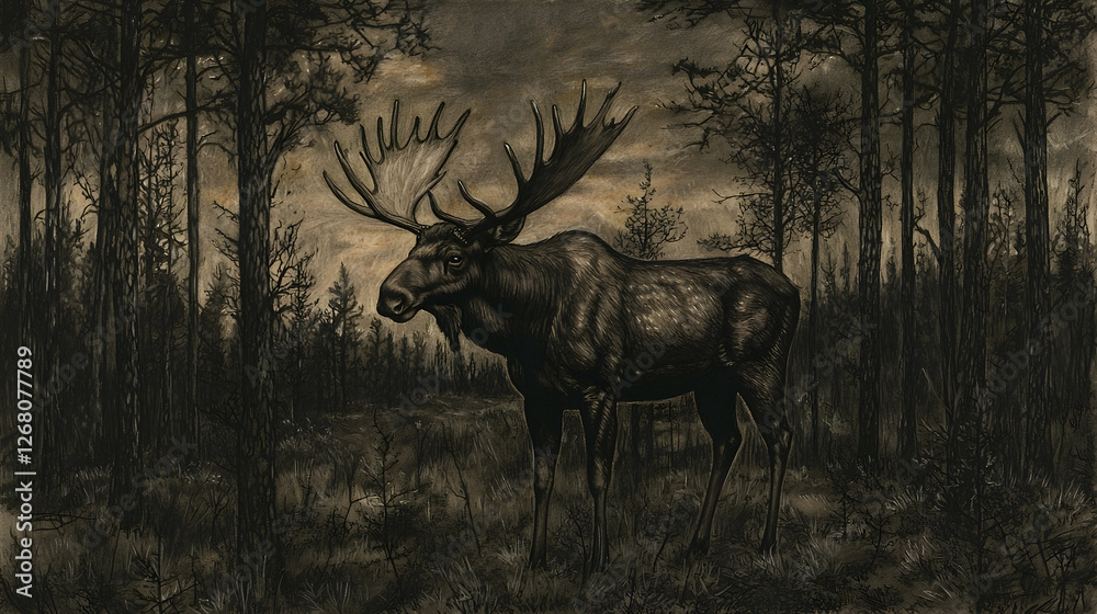 Majestic Moose in Twilight Forest, Wildlife Art Print, Nature Background Majestic Moose in Twilight Forest, Wildlife Art Print, Nature Background