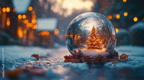 A snow globe featuring a lit Christmas tree amidst a winter landscape.