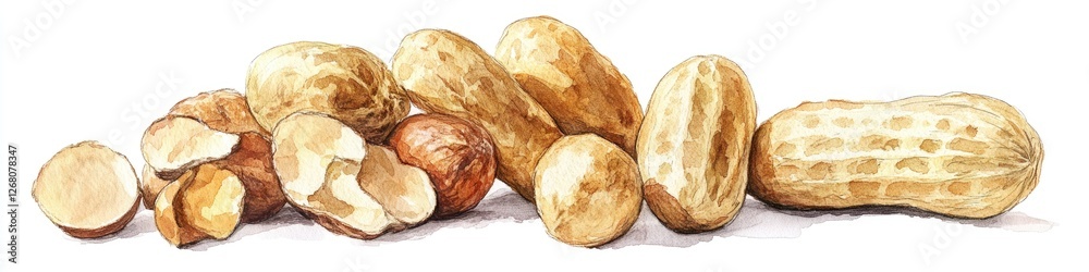 A simple still life featuring peanuts and a single peanut on a white background, ideal for illustrations or designs related to snack foods or everyday objects A simple still life featuring peanuts and a single peanut on a white background, ideal for illustrations or designs related to snack foods or everyday objects