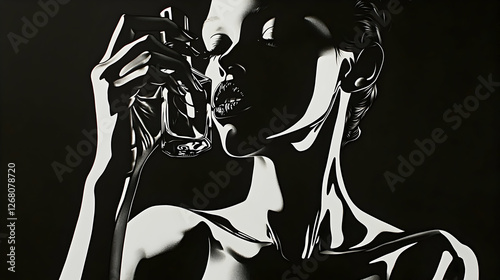 Woman applying perfume, dark background, studio, beauty campaign