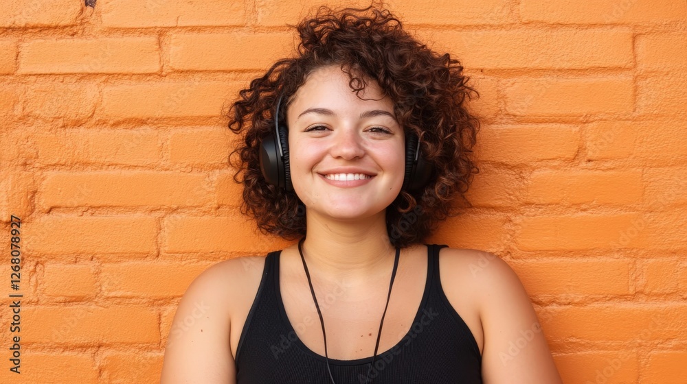 Happy Woman With Headphones Against Orange Brick Wall Happy Woman With Headphones Against Orange Brick Wall