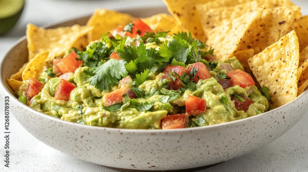 Fresh guacamole served with crispy tortilla chips for a perfect snack or appetizer Fresh guacamole served with crispy tortilla chips for a perfect snack or appetizer