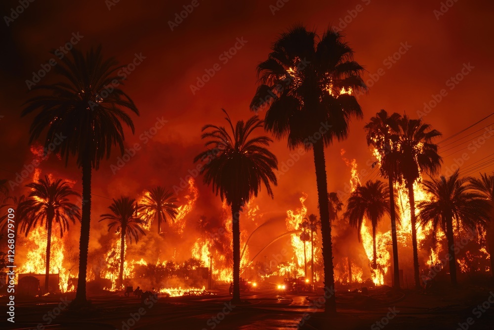 Obraz premium A large fire rages through palm trees in this dramatic image