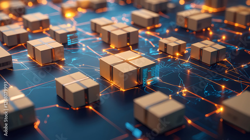 Global Delivery Network:  A digital abstract concept showcasing the intricate network of package delivery, with glowing lines connecting numerous brown cardboard boxes.