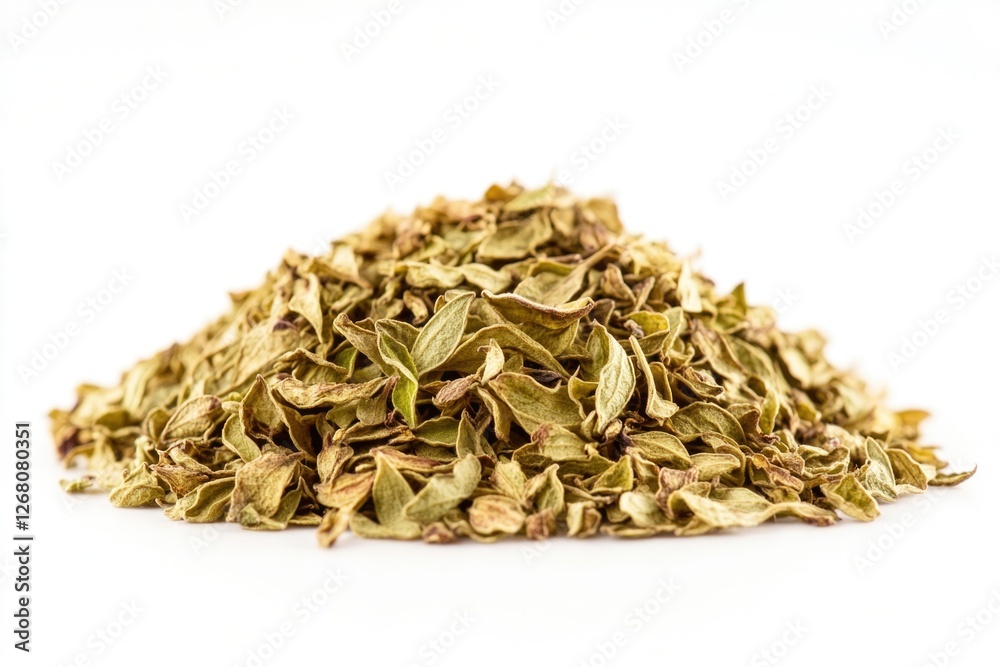 A collection of dried herbs placed on a clean white surface