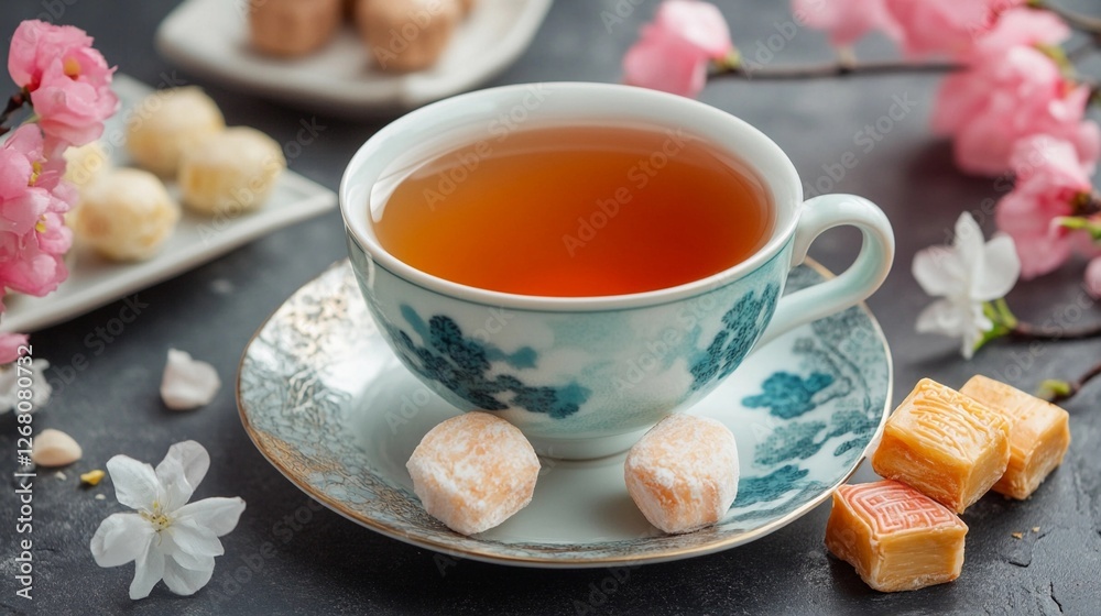 Relaxing tea moment with sweet treats and cherry blossoms on a serene table setting