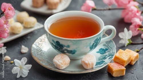 Obraz na płótnie Relaxing tea moment with sweet treats and cherry blossoms on a serene table setting w salonie
