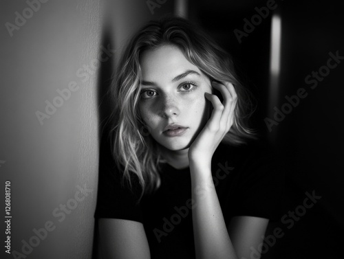 black and white portrait of a thoughtful woman