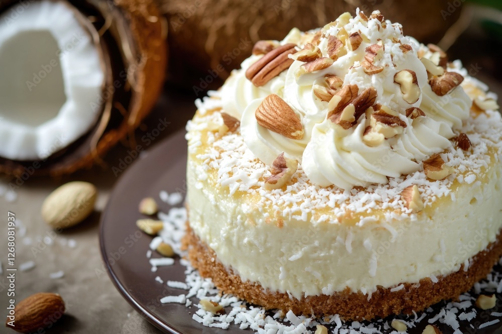 A delicious-looking cake topped with whipped cream and nuts served on a plate, perfect for a dessert or special occasion A delicious-looking cake topped with whipped cream and nuts served on a plate, perfect for a dessert or special occasion