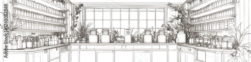 Vector Illustration of Vintage Apothecary Interior with Shelves Full of Bottles and Jars, Elegant Plants and Classic Window in Detailed Line Art for Artistic Decor