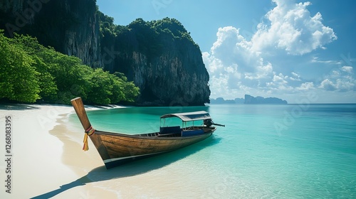 Serene Tropical Beach Scene with Traditional Wooden Longtail Boat Calm Turquoise Waters Stunning Island Landscape Idyllic Vacation Destination         photo