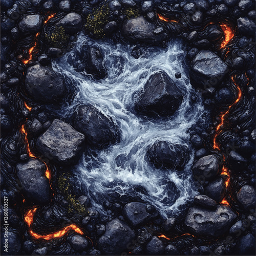 Stunning Vector Art of Dynamic Water Flow Intertwined with Burning Lava and Rocky Terrain - Unique Nature Inspired Abstract Design for Artistic Prints