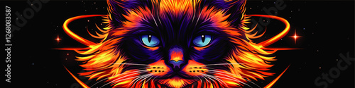 Stunning Vector Art of a Cosmic Cat with Glowing Blue Eyes and Fiery Fur in a Vibrant Galaxy Setting – Perfect for Unique Space-Themed Graphic Design Projects