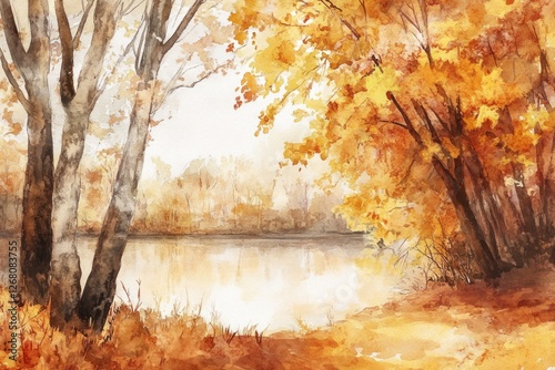 Watercolor painting of an autumn scene with trees, flowers, and foliage