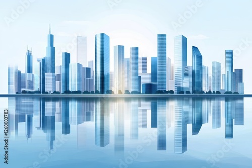 Stunning Modern City Skyline Reflected in Calm Water Under Clear Blue Sky  with Urban Scenery, and