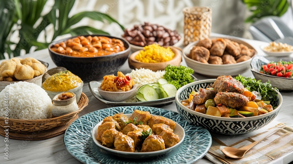 Exquisite spread of traditional dishes at a festive gathering with vibrant colors and diverse flavors Exquisite spread of traditional dishes at a festive gathering with vibrant colors and diverse flavors
