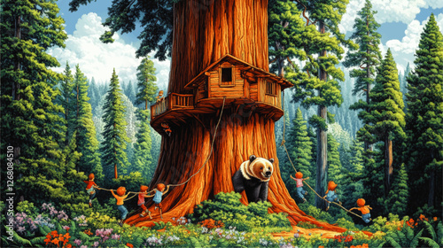 Enchanting Redwood Forest Scene with Children Playing Around Treehouse and Panda Bear in Lush Woodland Full of Vibrant Flowers and Towering Trees