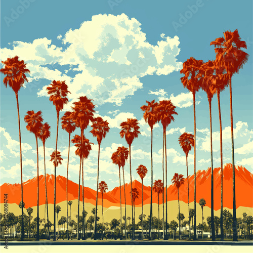 Stunning Vector Art of Tall Palm Trees and Vibrant Mountains under a Blue Sky with Puffy Clouds – Perfect for Travel, Nature, and Tropical-Themed Decor