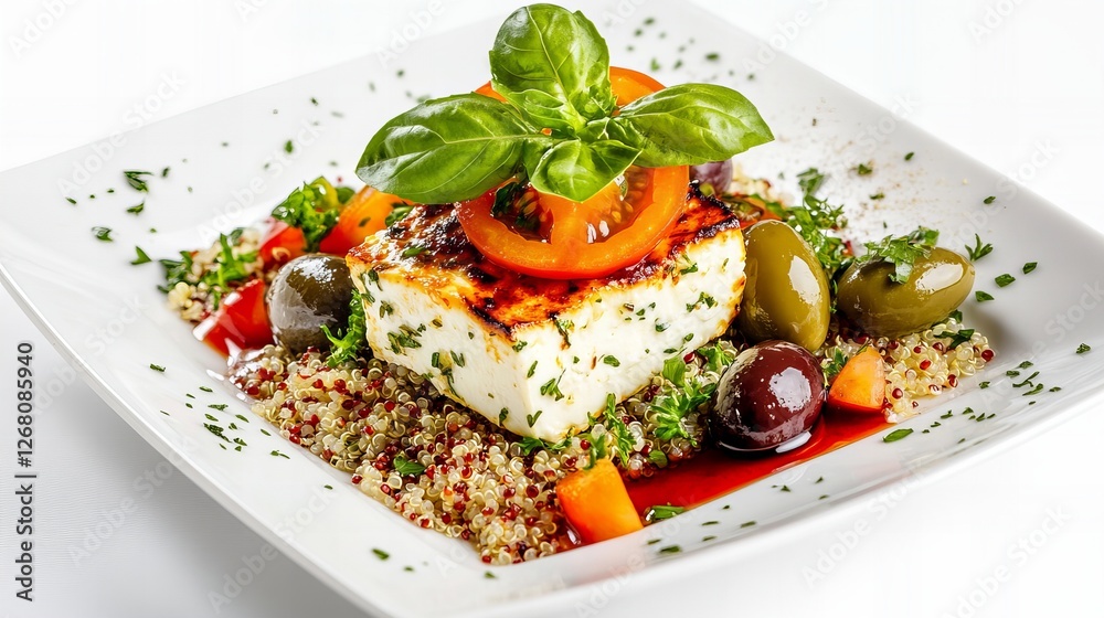 Grilled cheese with quinoa, olives, and tomato on a white plate. A healthy and delicious meal. Grilled cheese with quinoa, olives, and tomato on a white plate. A healthy and delicious meal.