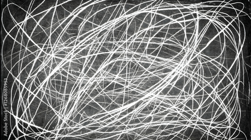 Abstract white lines sketched on dark background; chaotic texture, design element, website graphic