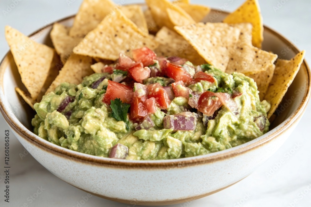 Fresh guacamole served with crunchy tortilla chips, perfect for snacking or as an appetizer Fresh guacamole served with crunchy tortilla chips, perfect for snacking or as an appetizer