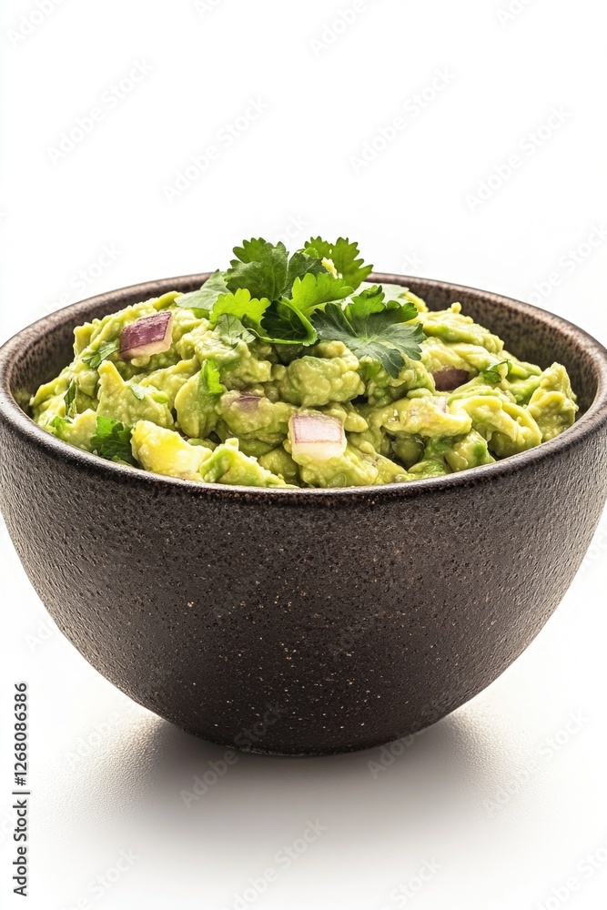 Freshly made guacamole in a bowl, topped with cilantro leaves for garnish Freshly made guacamole in a bowl, topped with cilantro leaves for garnish