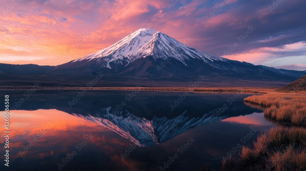 Fototapeta premium A serene landscape with a mountain reflected in a calm lake during sunset