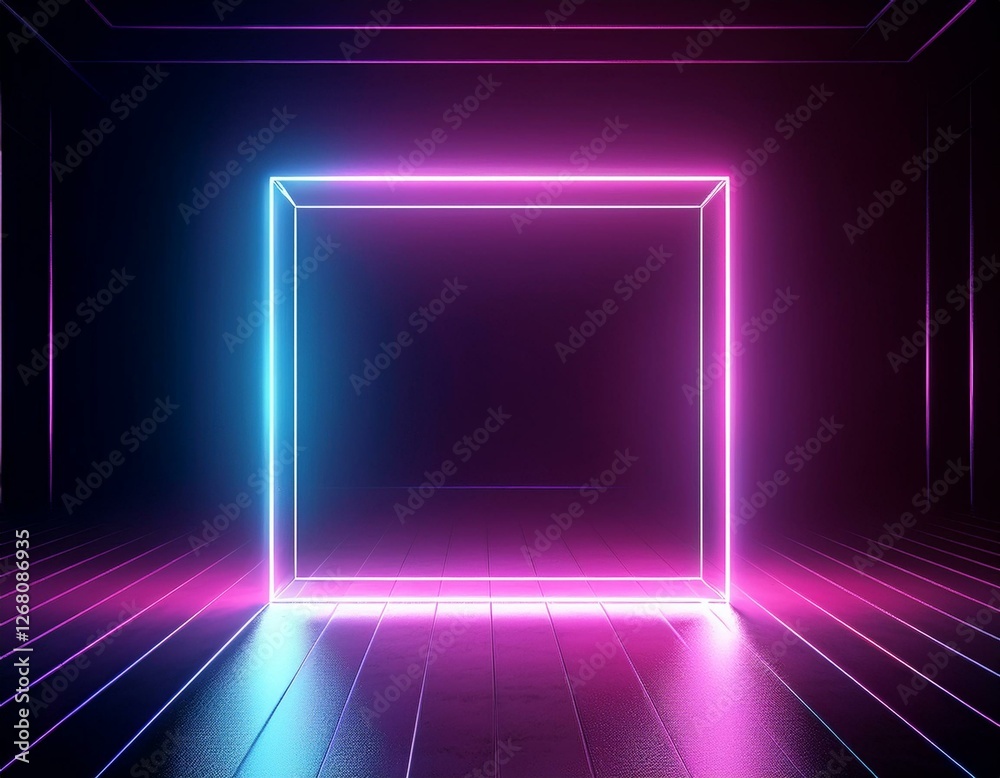 3d render, abstract geometric ultraviolet background, neon light glowing cube, square frame inside the dark empty room. 3d render, abstract geometric ultraviolet background, neon light glowing cube, square frame inside the dark empty room.