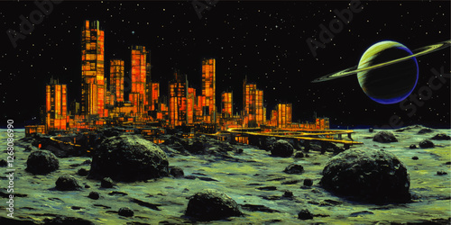 Futuristic Lunar Cityscape Vector Illustration with Neon Skyline and Saturn Rings at Night - Explore Science Fiction Urban Lunar Landscapes and Cosmic Sci-Fi Art