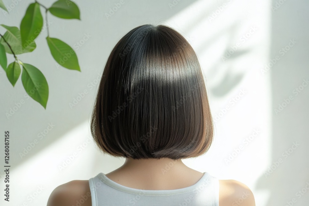 back view of short bob hairstyle with sunlight back view of short bob hairstyle with sunlight