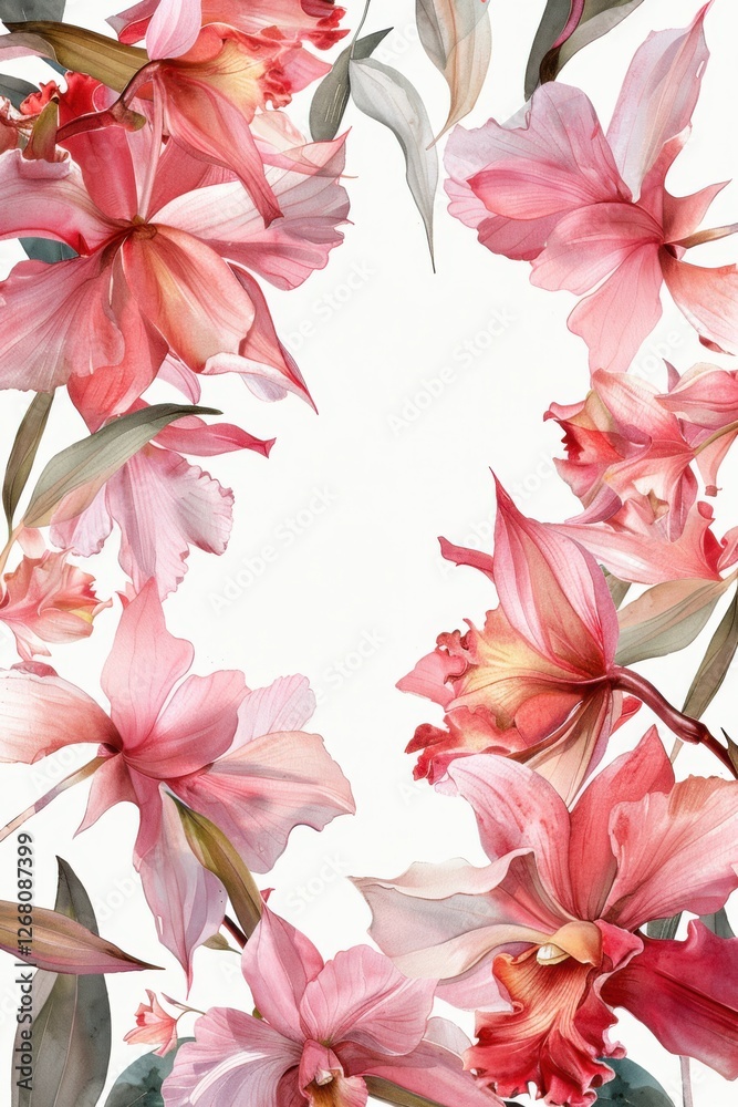 Obraz premium A wedding card design featuring soft watercolor Cattleya flowers in pink hues, framing a horizontal space