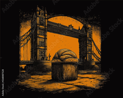 Intriguing Vector Art of Tower Bridge with Bread Sculpture in Vintage Style - London Landmark Art with Unique Bread Structure and Dramatic Contrast for Creative Design