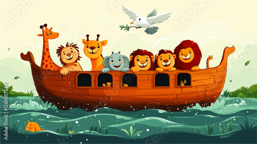 Charming Animal Vector Art of Noah's Ark with Giraffes, Lions, Elephant, Dove, and Ocean in Vibrant Cartoon Style – Perfect for Children's Illustrations
