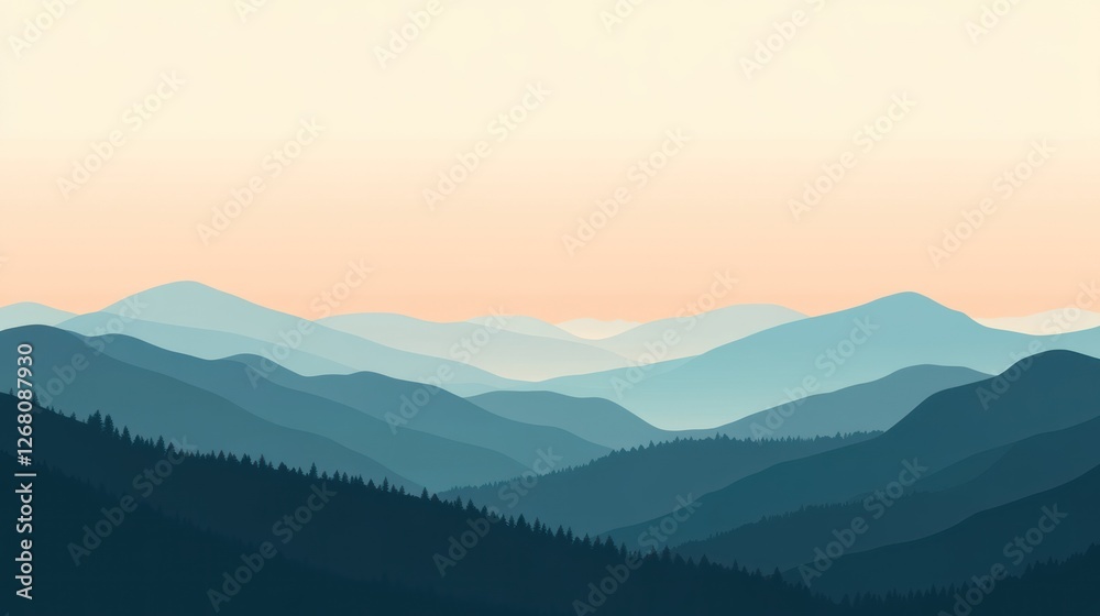 Serene Sunset Over Rolling Mountain Ranges And Forests Serene Sunset Over Rolling Mountain Ranges And Forests