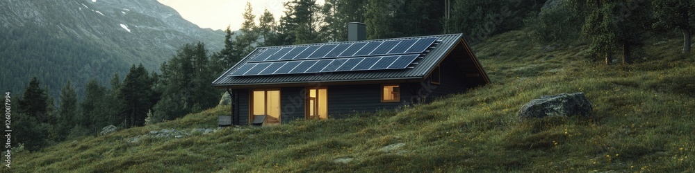 A small wooden cabin with a solar panel installed on the roof, suitable for use as an illustration or design element A small wooden cabin with a solar panel installed on the roof, suitable for use as an illustration or design element