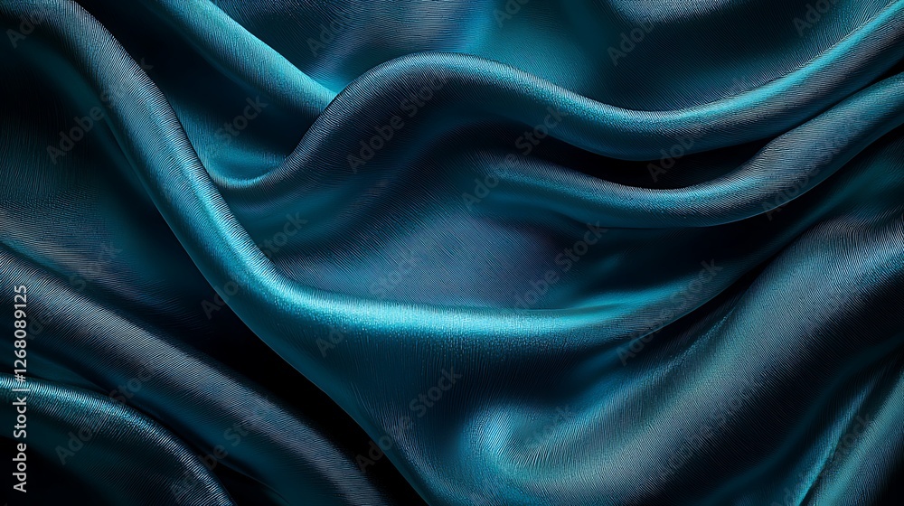 Fototapeta premium Teal silk fabric drapes, soft folds, dark background, design texture