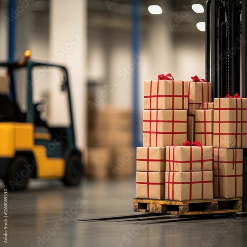 Stacks of packaged goods on a pallet ready for transportation in a warehouse environment. photo