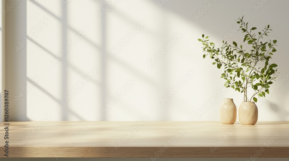 Minimalist indoor scene with two vases and greenery casting shadows on wooden table—bright, natural light and clean aesthetic Minimalist indoor scene with two vases and greenery casting shadows on wooden table—bright, natural light and clean aesthetic