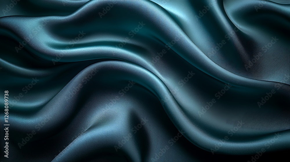 Teal silk fabric waves, dark background, studio shot, textile design Teal silk fabric waves, dark background, studio shot, textile design